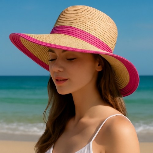 Wide Brim Paper Straw Hat w/ Color Band & Trim - Fuchsia - HT-6039FS
